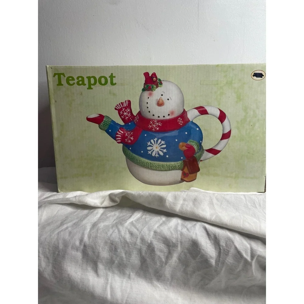 Adorable Snowman Teapot Candy Cane Handle Christmas Holiday Kitchen Decor